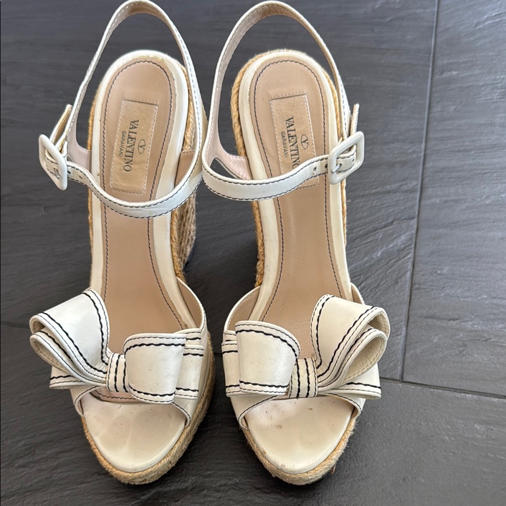 Valentino Cream Wedge Sandals with Ankle Straps